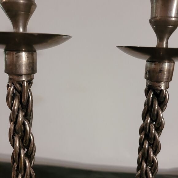 Pair Of Braidef Twisted Silver Color Candlestick Holders 14.5" Tall - Picture 8 of 9